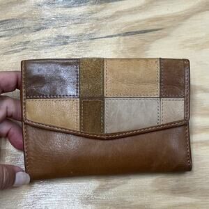 Fossil Brown Leather Warm Earth Tones Patchwork Wallet Bifold Zipper Coin